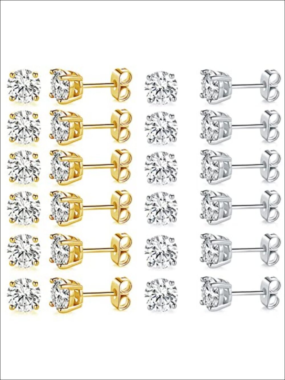 Hypoallergenic Cubic Zirconia Stud Earrings 18k Gold Plated Set of 12 Pairs